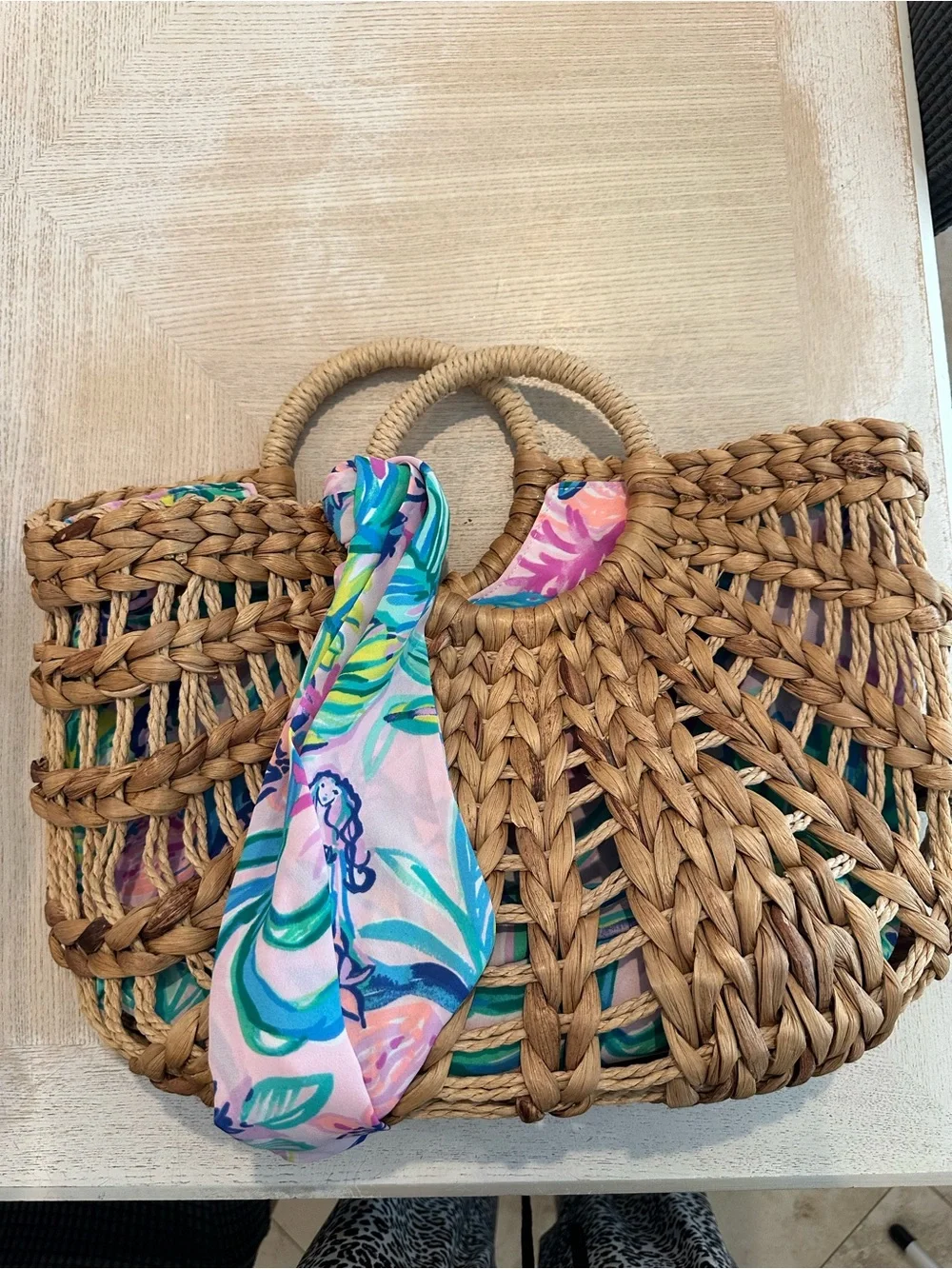 Lilly Pulitzer Straw Tote with Pink & Teal Floral Scarf